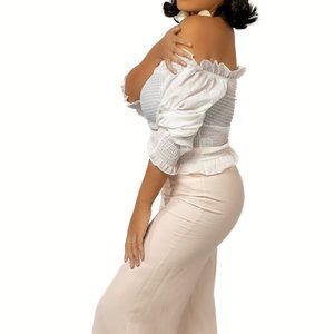 Women Casual Cotton Middle scrunched Off the shoulder Square Neck Crop Top